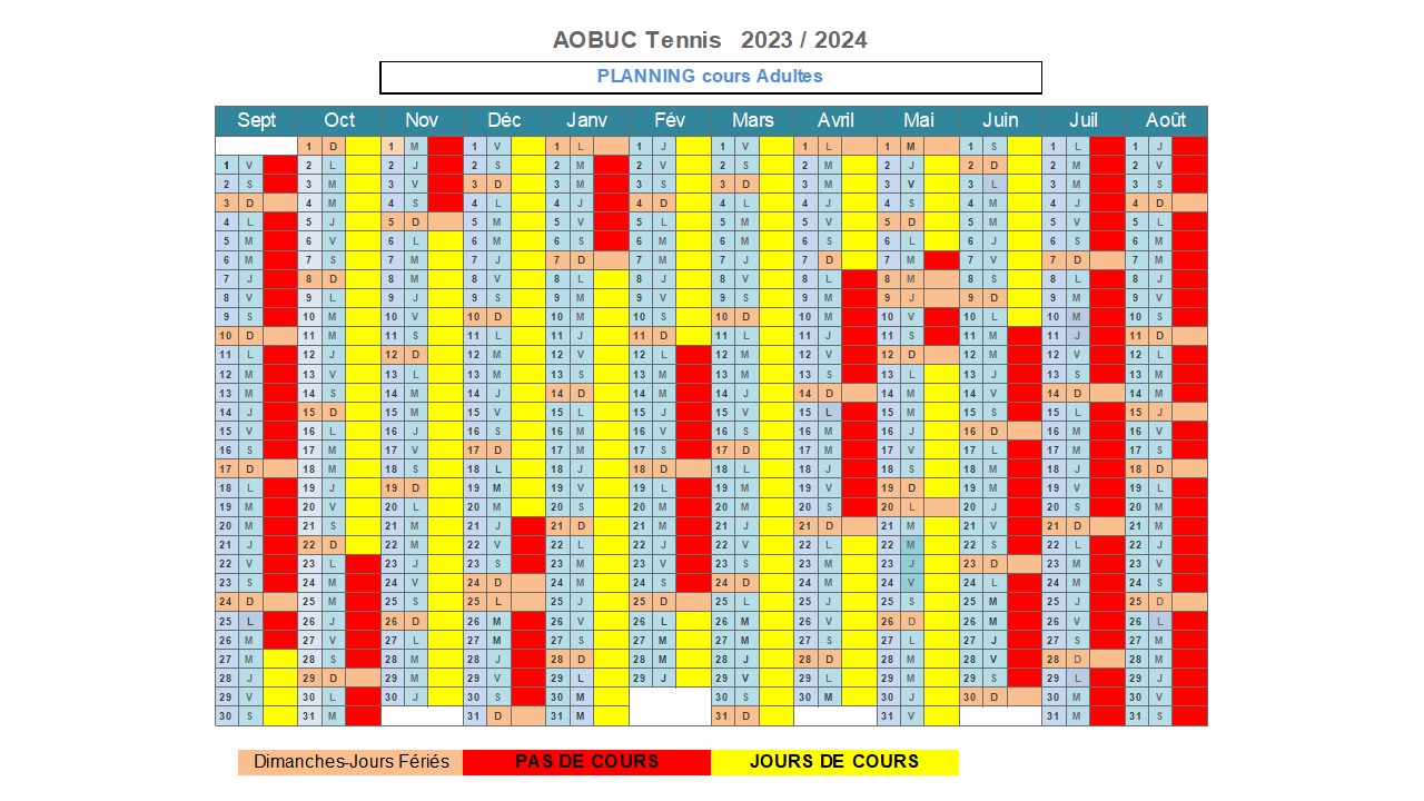 Calendrier cours Adultes 2023 /2024